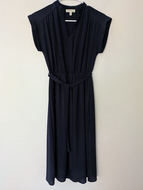 Monteau Navy Cap-Sleeve Belted Midi Dress ~ Sz S